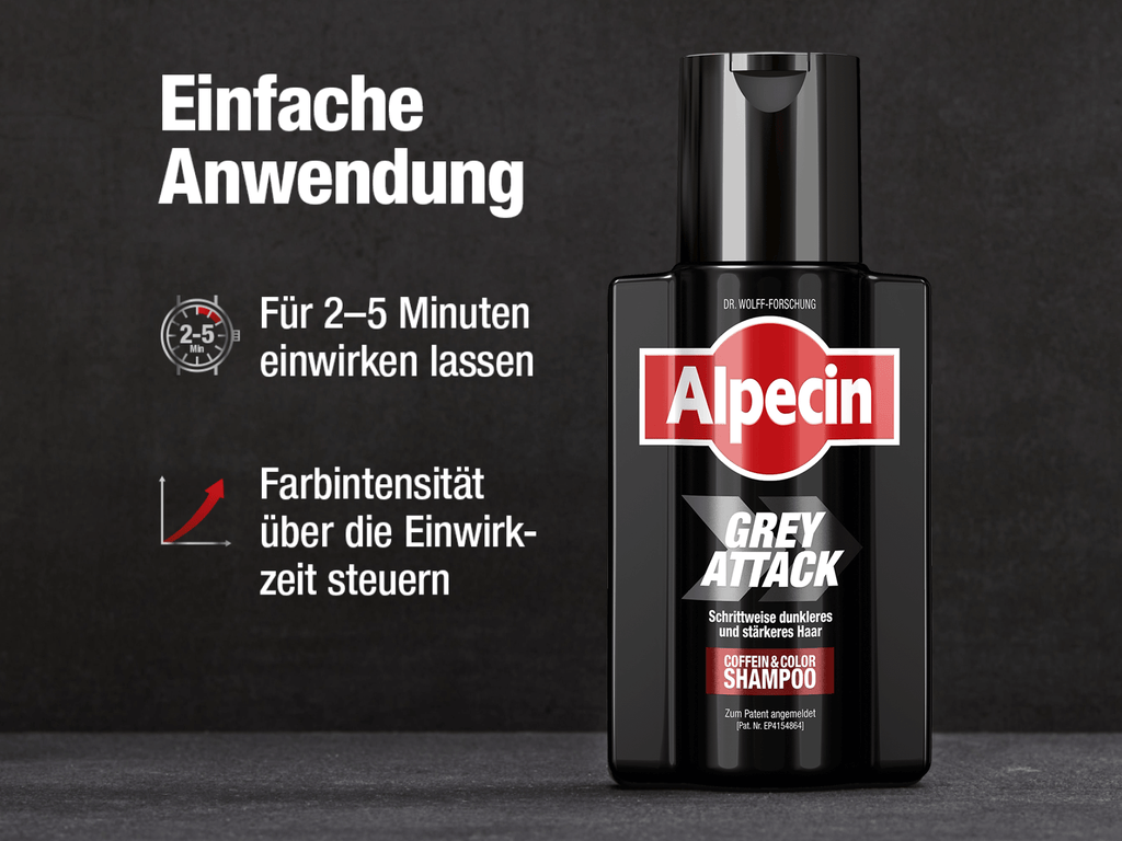 Auf der rechten Seite steht eine schwarze Flasche des Shampoos mit dem Alpecin-Logo und der Aufschrift Grey Attack Schrittweise dunkleres und stärkeres Haar Coffein & Color Shampoo. Links oben der Text Einfache Anwendung in weißer Schrift. Darunter zwei Symbole: eine Stoppuhr mit 5 Min. und der Hinweis für 2-5 Minuten einwirken lassen sowie ein Diagramm mit ansteigender Kurve und der Aussage Farbintensität über die Einwirkzeit steuern