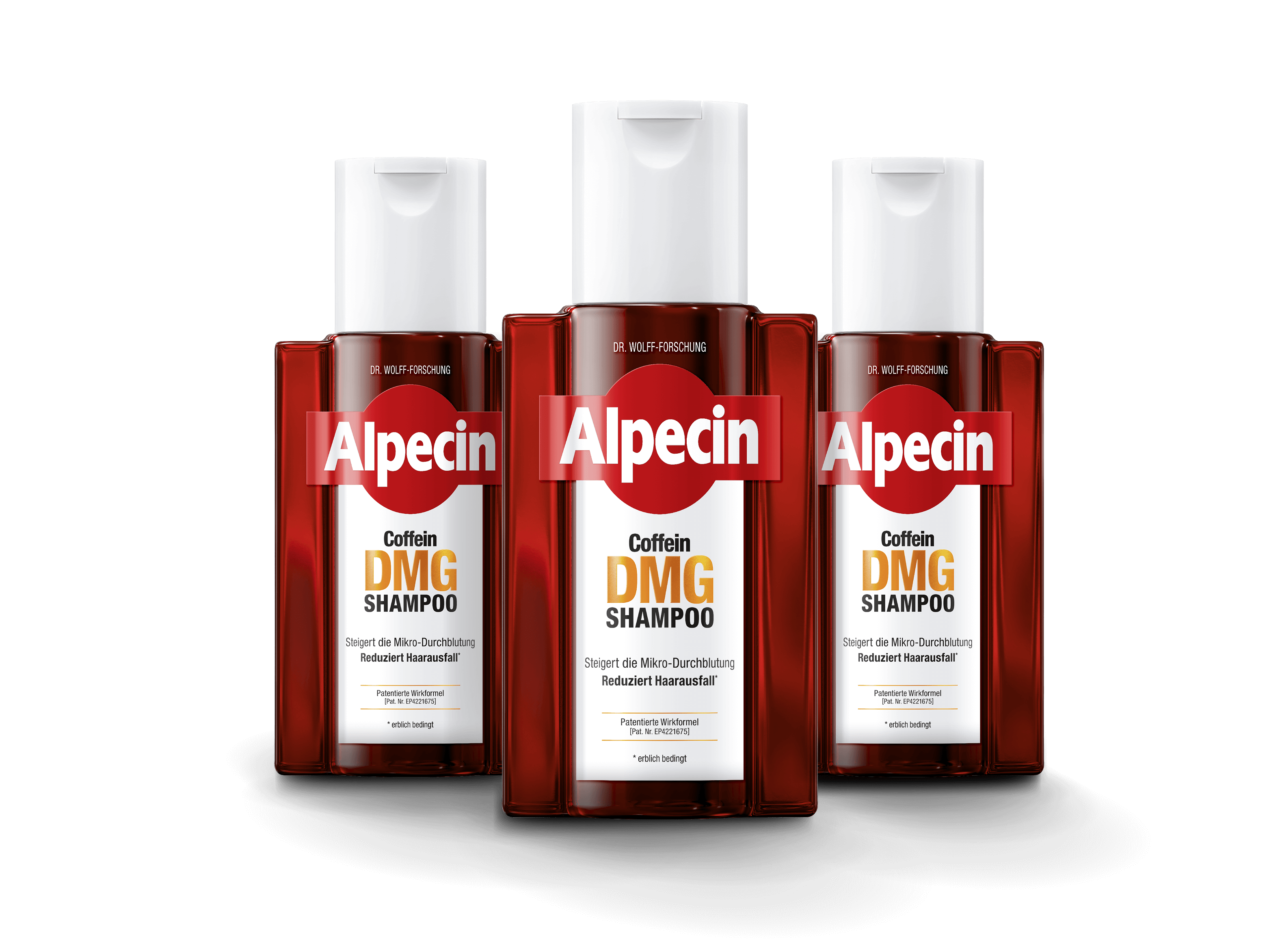 Alpecin Coffein DMG Wirkkomplex Shampoo im 3er-Bundle. Enthält Coffein und den DMG-Wirkkomplex zur Unterstützung gegen Haarverlust. Flaschen in einem modernen Design mit reflektierendem Effekt.