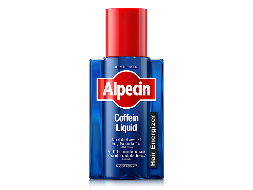 Alpecin Coffein Liquid, blaue Flasche mit rotem Deckel, stärkt die Haarwurzel und beugt erblich bedingtem Haarausfall vor.