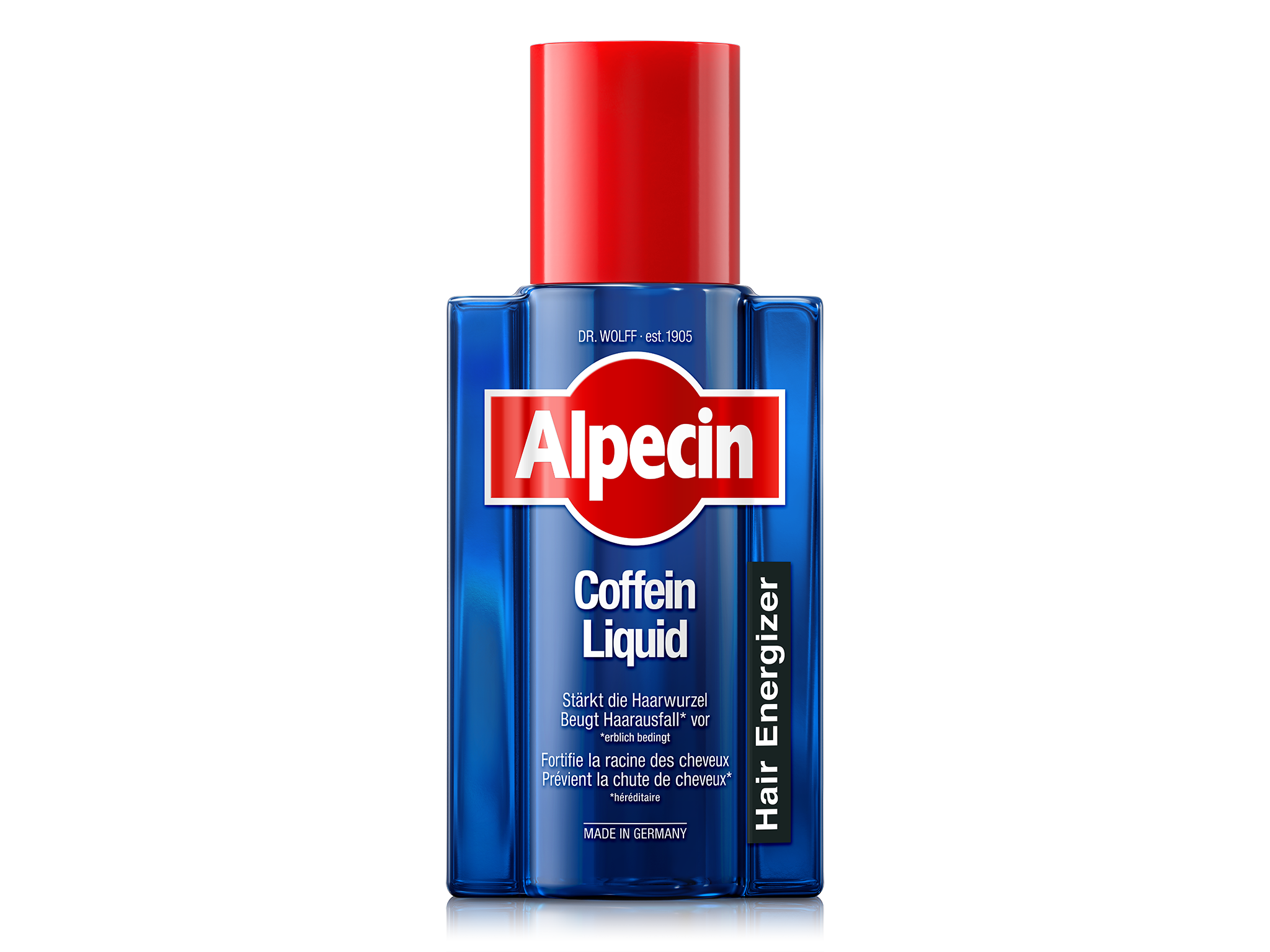 Alpecin Coffein Liquid, blaue Flasche mit rotem Deckel, stärkt die Haarwurzel und beugt erblich bedingtem Haarausfall vor.
