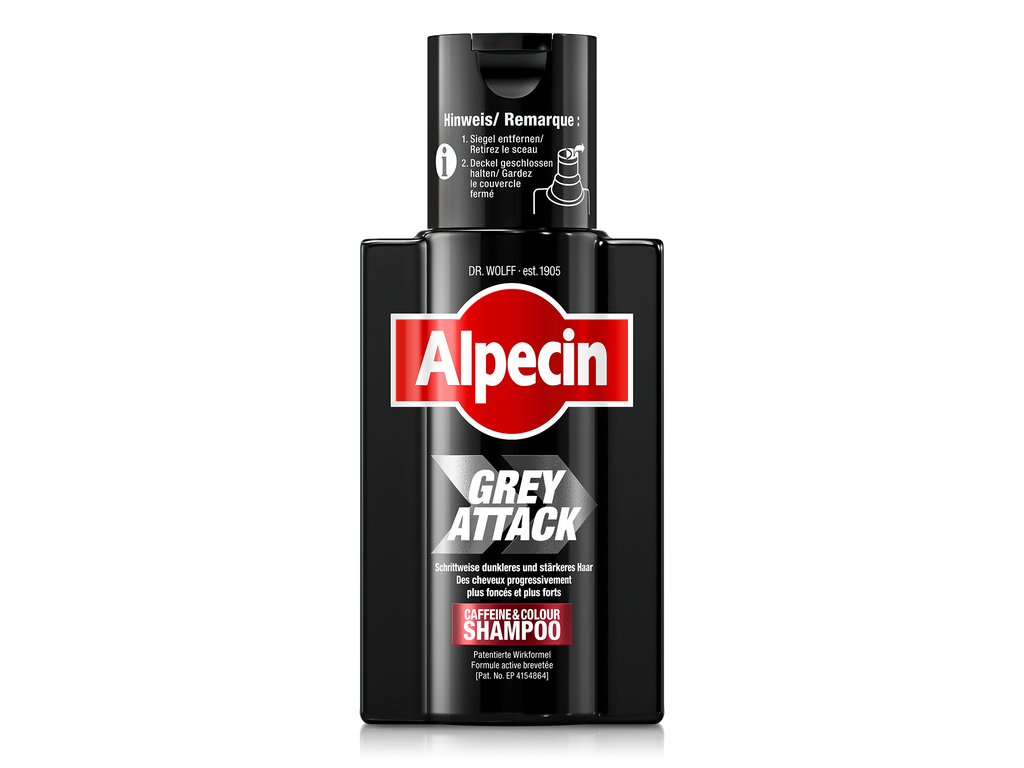 Alpecin Grey Attack Caffeine & Colour Shampoo, schwarze Flasche für schrittweise dunkleres, stärkeres Haar mit weniger Grau.