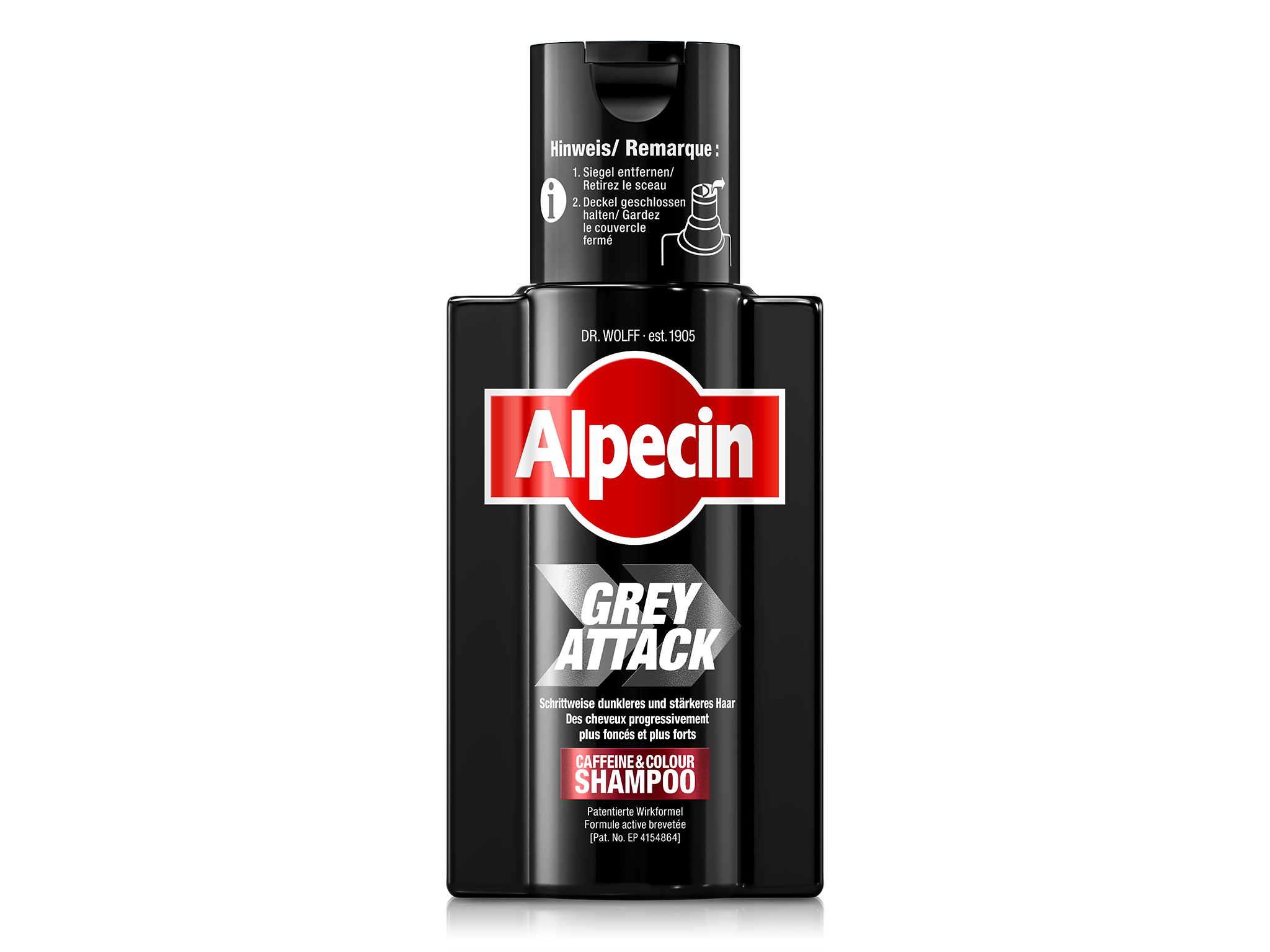 Alpecin Grey Attack Caffeine & Colour Shampoo, schwarze Flasche für schrittweise dunkleres, stärkeres Haar mit weniger Grau.