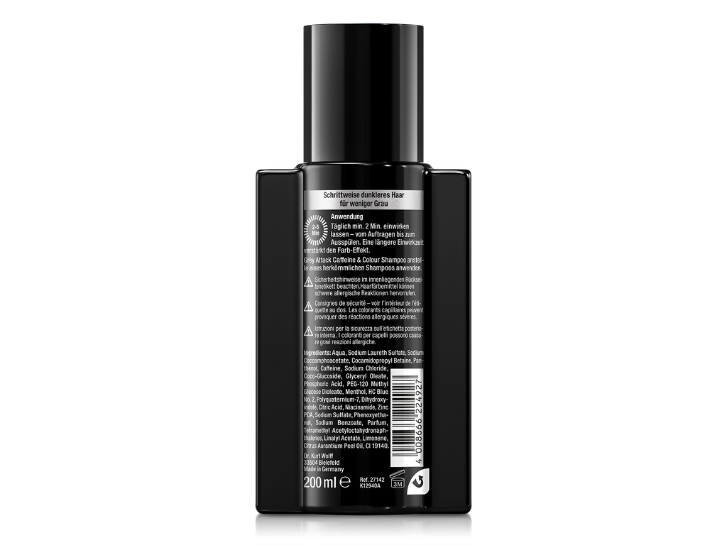 Rückseite von Alpecin Grey Attack Caffeine & Colour Shampoo mit Anwendungshinweisen, Sicherheitshinweisen, Inhaltsstoffen und Barcode.