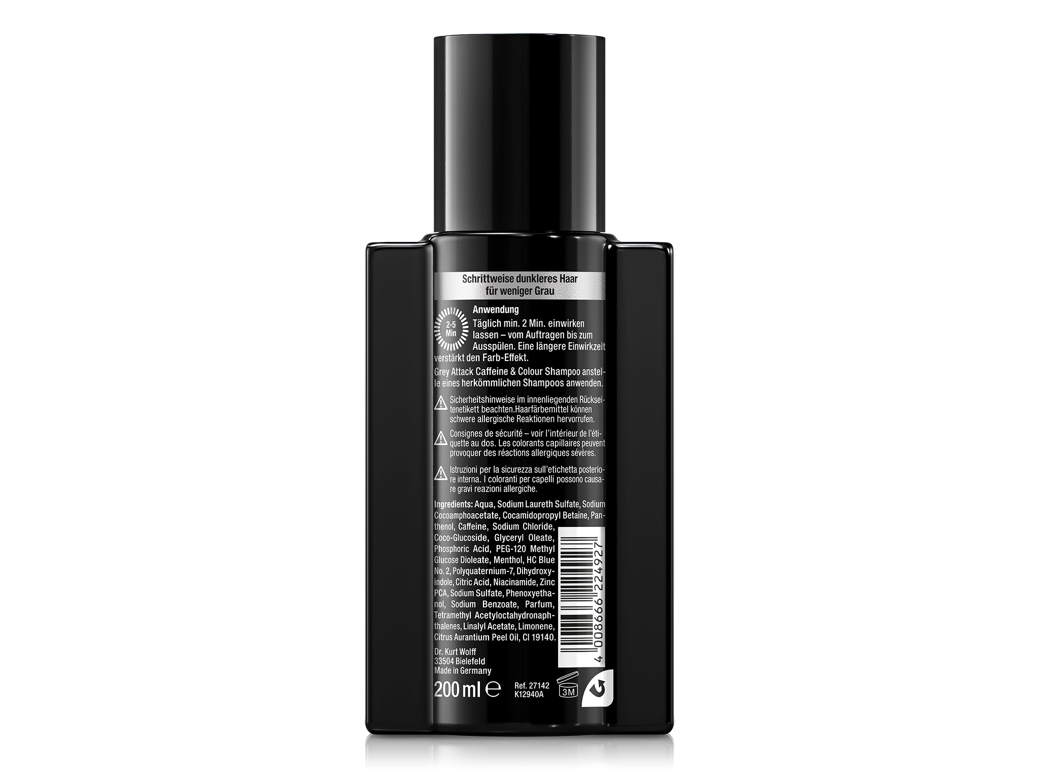 Rückseite von Alpecin Grey Attack Caffeine & Colour Shampoo mit Anwendungshinweisen, Sicherheitshinweisen, Inhaltsstoffen und Barcode.