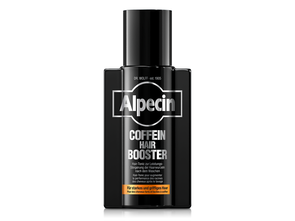 Alpecin Coffein Hair Booster, schwarze Flasche, Haar-Tonic zur Leistungssteigerung der Haarwurzeln nach dem Waschen für starkes, griffiges Haar.