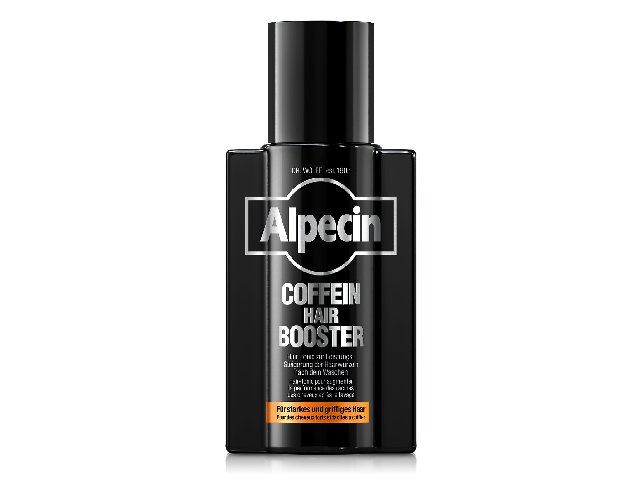 Alpecin Coffein Hair Booster, schwarze Flasche, Haar-Tonic zur Leistungssteigerung der Haarwurzeln nach dem Waschen für starkes, griffiges Haar.