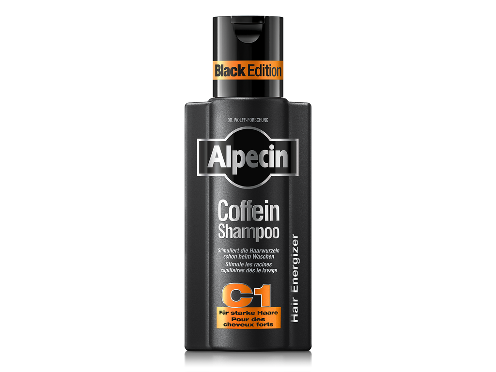 Alpecin C1 Coffein Shampoo Black Edition, schwarze Flasche für starke Haare, stimuliert die Haarwurzeln schon beim Waschen.