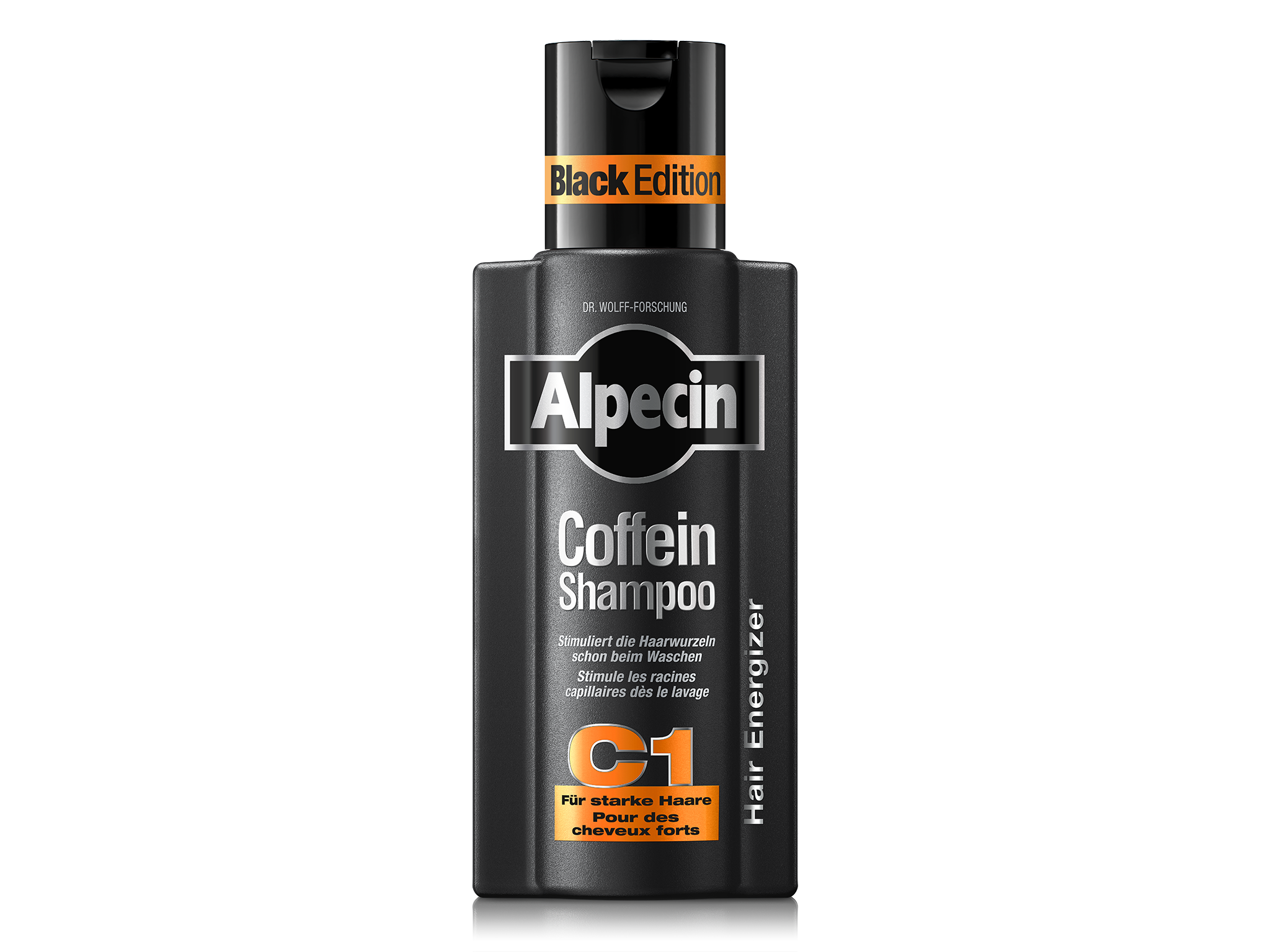 Alpecin C1 Coffein Shampoo Black Edition, schwarze Flasche für starke Haare, stimuliert die Haarwurzeln schon beim Waschen.