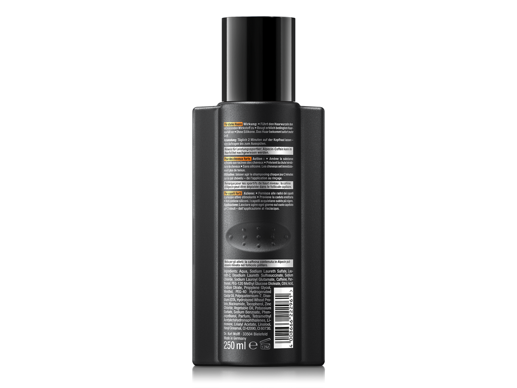 Rückseite von Alpecin C1 Coffein Shampoo Black Edition mit Anwendungshinweisen, mehrsprachigen Produktinformationen, Inhaltsstoffen und Barcode.