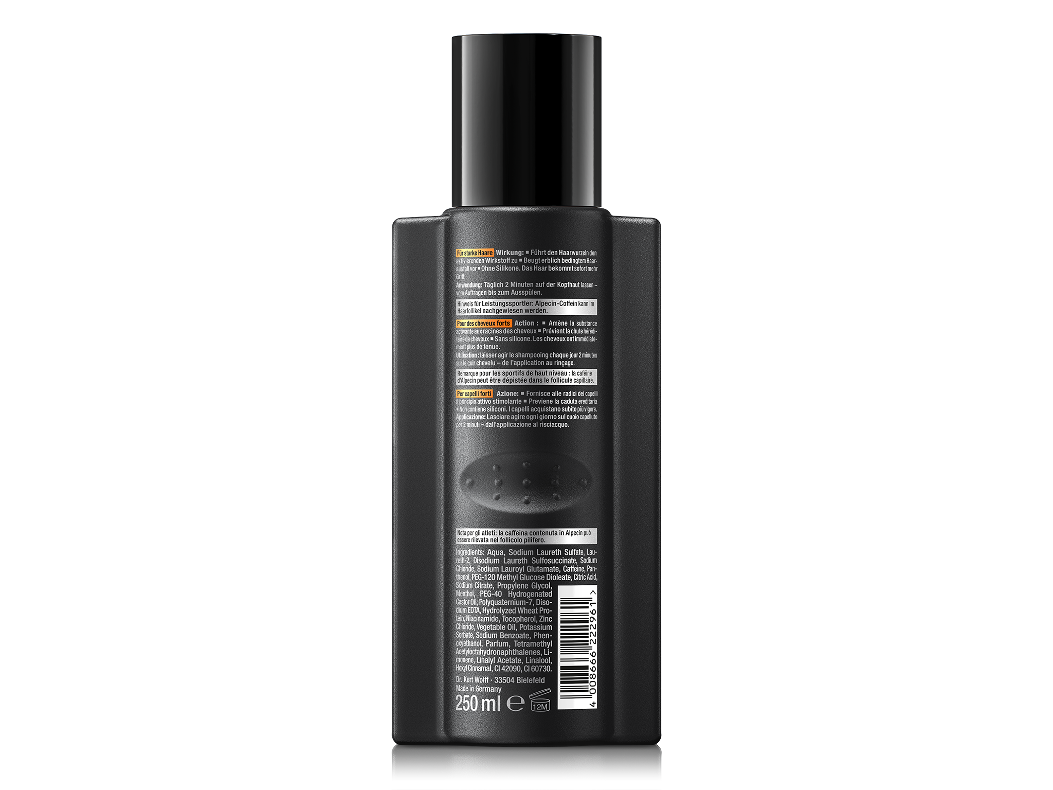 Rückseite von Alpecin C1 Coffein Shampoo Black Edition mit Anwendungshinweisen, mehrsprachigen Produktinformationen, Inhaltsstoffen und Barcode.