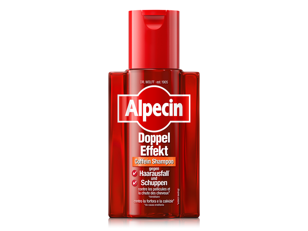 Alpecin Doppel Effekt Coffein Shampoo, rote Flasche gegen Haarausfall und Schuppen.