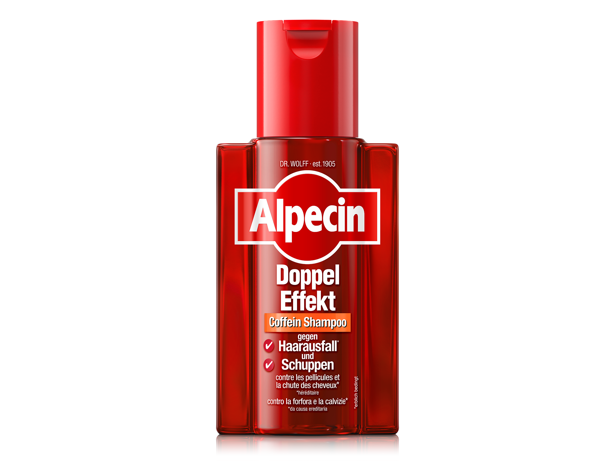 Alpecin Doppel Effekt Coffein Shampoo, rote Flasche gegen Haarausfall und Schuppen.