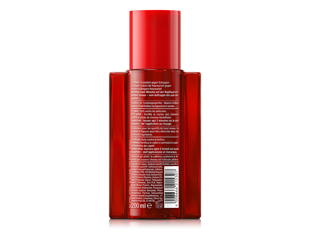 Rückseite von Alpecin Doppel Effekt Coffein Shampoo mit Erklärung der zwei Effekte, Anwendungshinweisen, Inhaltsstoffen und Barcode.