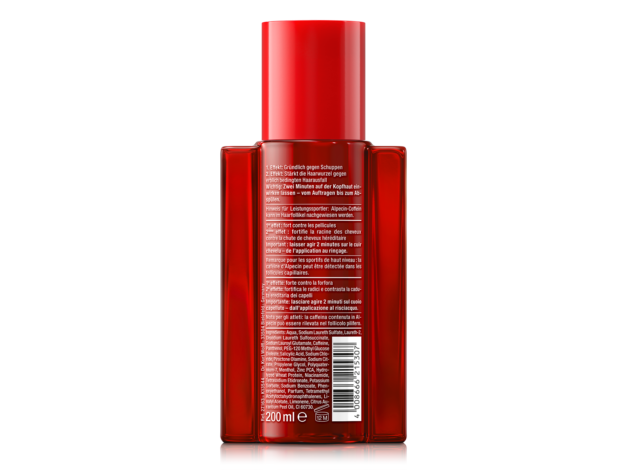 Rückseite von Alpecin Doppel Effekt Coffein Shampoo mit Erklärung der zwei Effekte, Anwendungshinweisen, Inhaltsstoffen und Barcode.