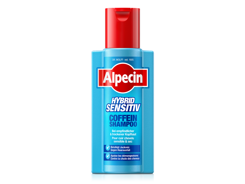 Alpecin Hybrid Sensitiv Coffein Shampoo, hellblaue Flasche für empfindliche und trockene Kopfhaut, beruhigt Juckreiz und beugt Haarausfall vor.