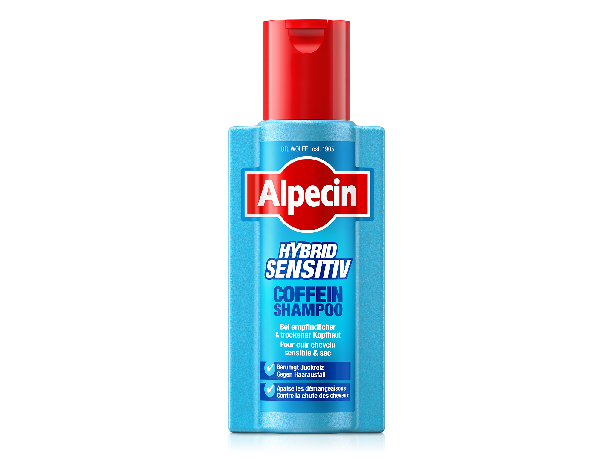 Alpecin Hybrid Sensitiv Coffein Shampoo, hellblaue Flasche für empfindliche und trockene Kopfhaut, beruhigt Juckreiz und beugt Haarausfall vor.