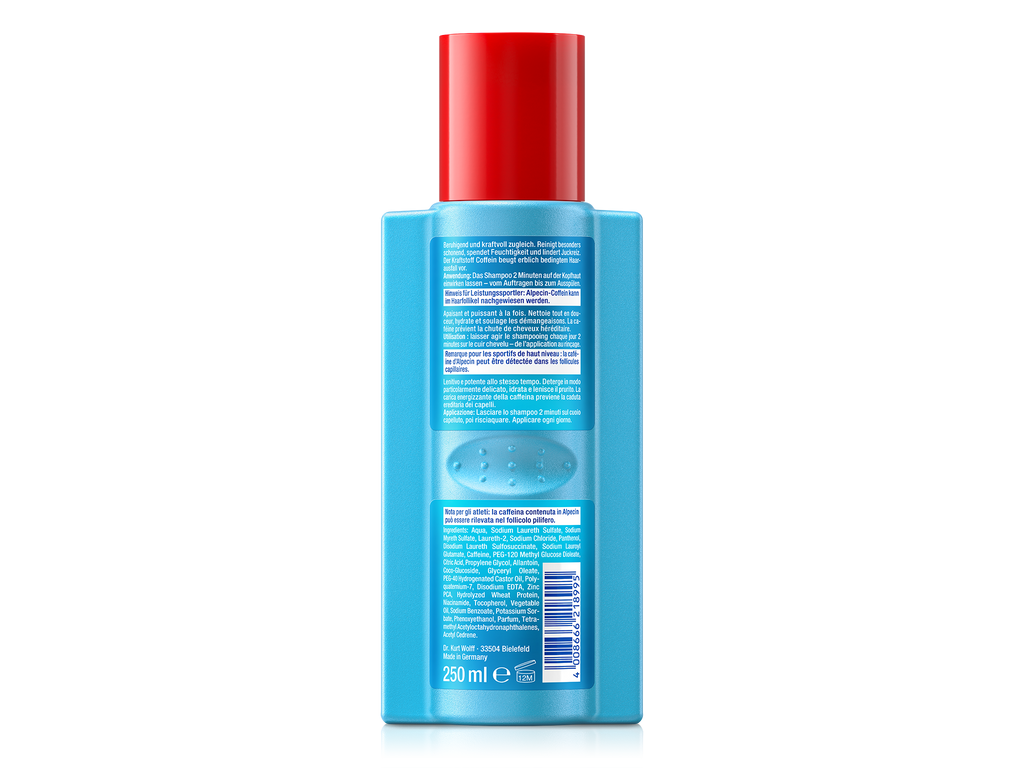 Rückseite von Alpecin Hybrid Sensitiv Coffein Shampoo mit Erklärung der sanften Formel, Anwendungshinweisen, Inhaltsstoffen und Barcode.