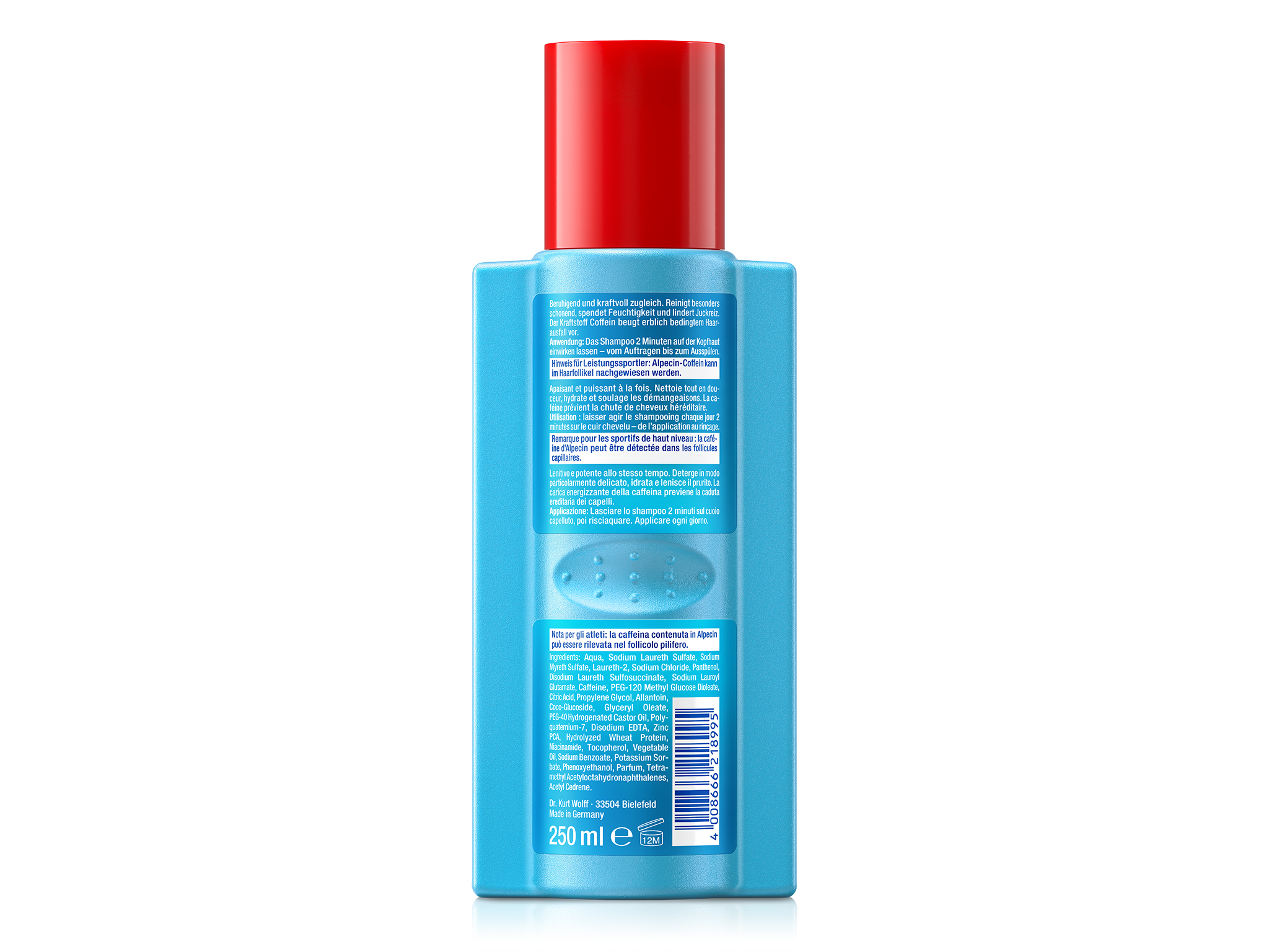 Rückseite von Alpecin Hybrid Sensitiv Coffein Shampoo mit Erklärung der sanften Formel, Anwendungshinweisen, Inhaltsstoffen und Barcode.