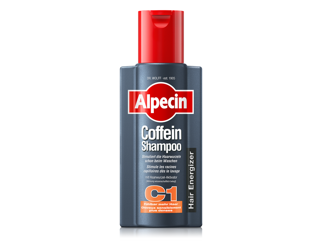 Alpecin C1 Coffein Shampoo, graue Flasche mit rotem Deckel, stimuliert die Haarwurzeln bereits beim Waschen für fühlbar mehr Haar.