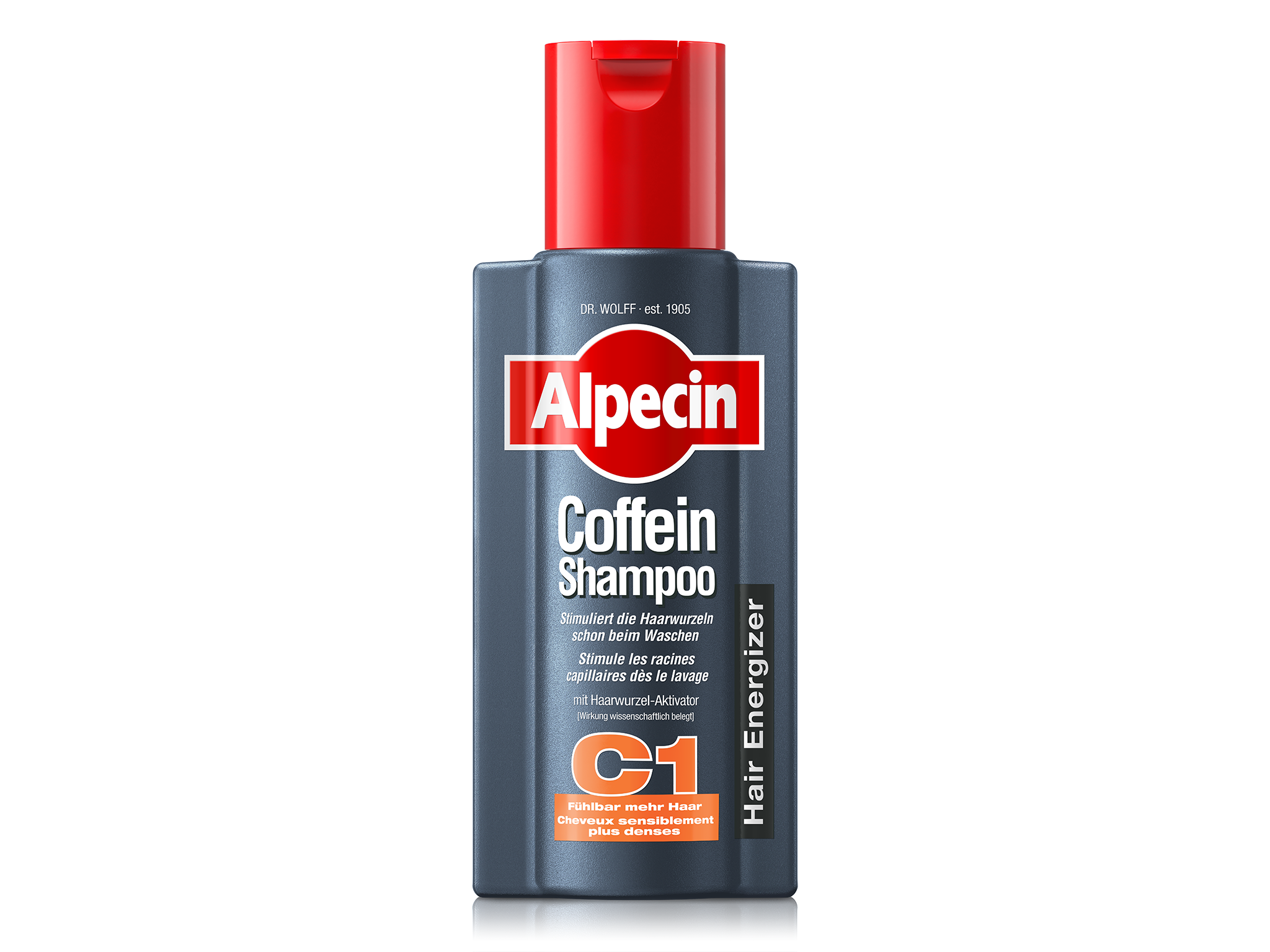 Alpecin C1 Coffein Shampoo, graue Flasche mit rotem Deckel, stimuliert die Haarwurzeln bereits beim Waschen für fühlbar mehr Haar.