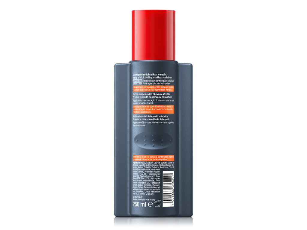 Rückseite von Alpecin C1 Coffein Shampoo mit Anwendungshinweisen, mehrsprachigen Produktinformationen, Inhaltsstoffen und Barcode.