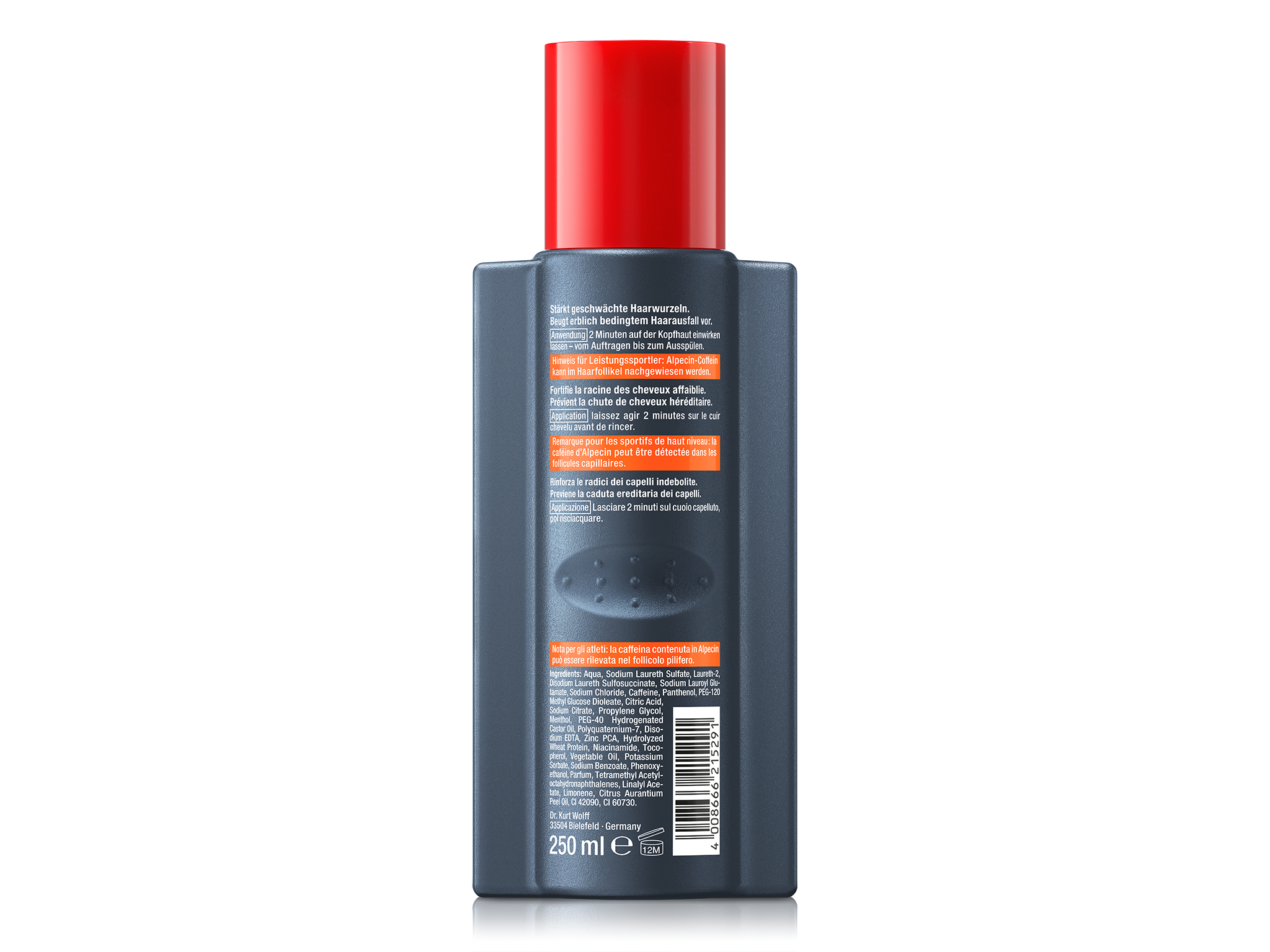 Rückseite von Alpecin C1 Coffein Shampoo mit Anwendungshinweisen, mehrsprachigen Produktinformationen, Inhaltsstoffen und Barcode.