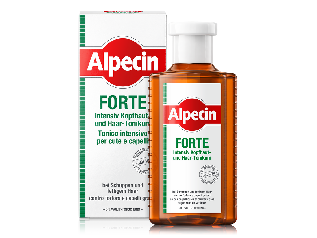Alpecin Forte Intensiv Kopfhaut- und Haar-Tonikum, braune Flasche vor passender Faltschachtel, Produktabbildung für Schuppen und fettiges Haar.