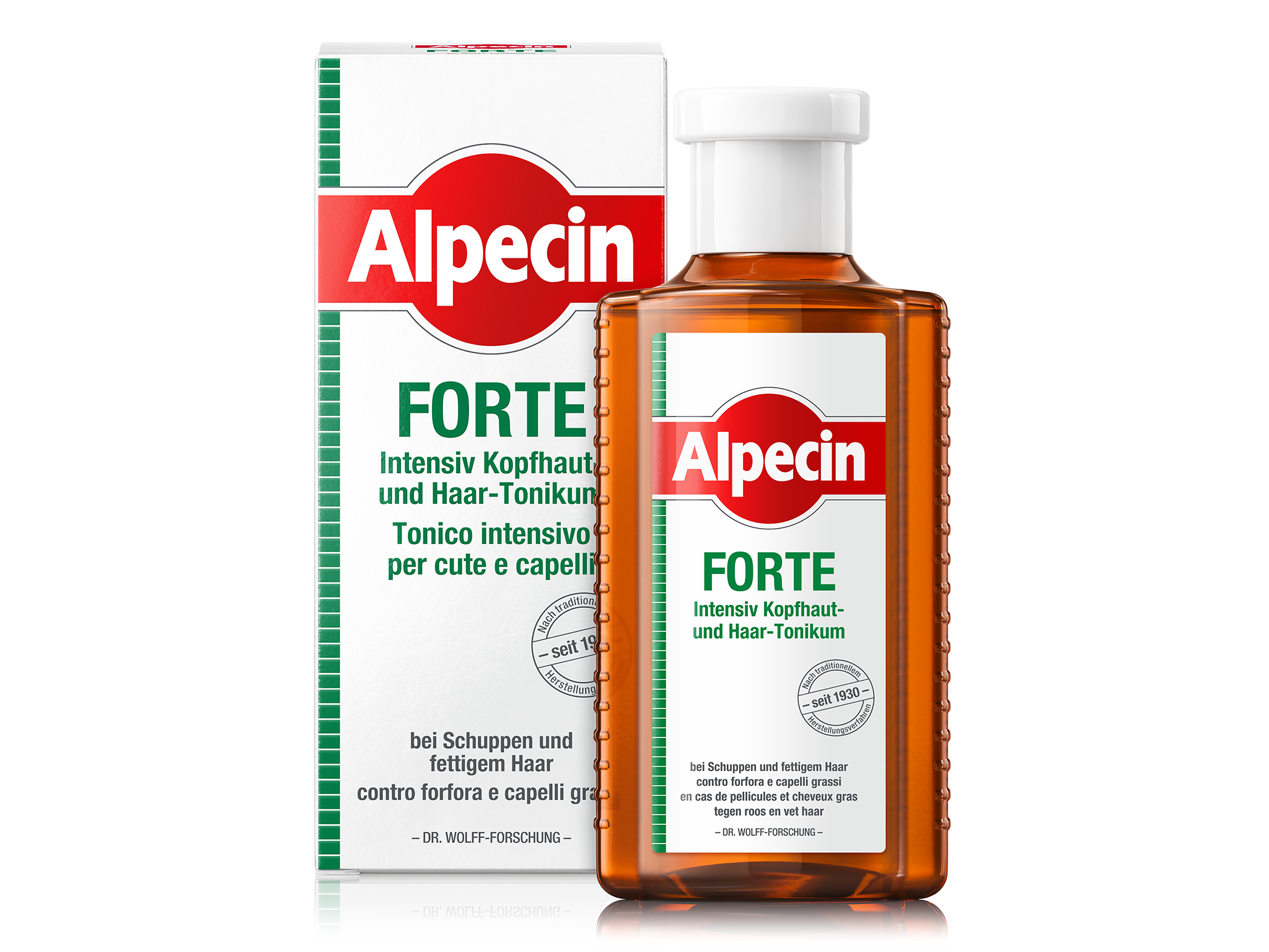 Alpecin Forte Intensiv Kopfhaut- und Haar-Tonikum, braune Flasche vor passender Faltschachtel, Produktabbildung für Schuppen und fettiges Haar.