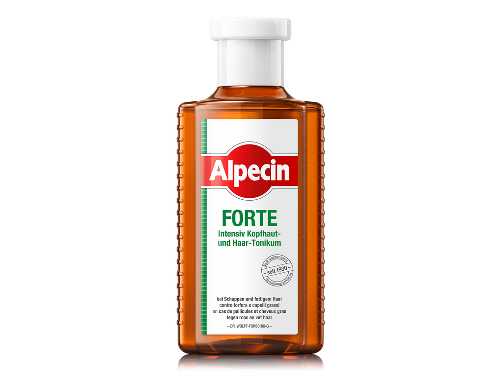 Alpecin Forte Intensiv Kopfhaut- und Haar-Tonikum, braune Flasche mit weißem Verschluss, bei Schuppen und fettigem Haar.