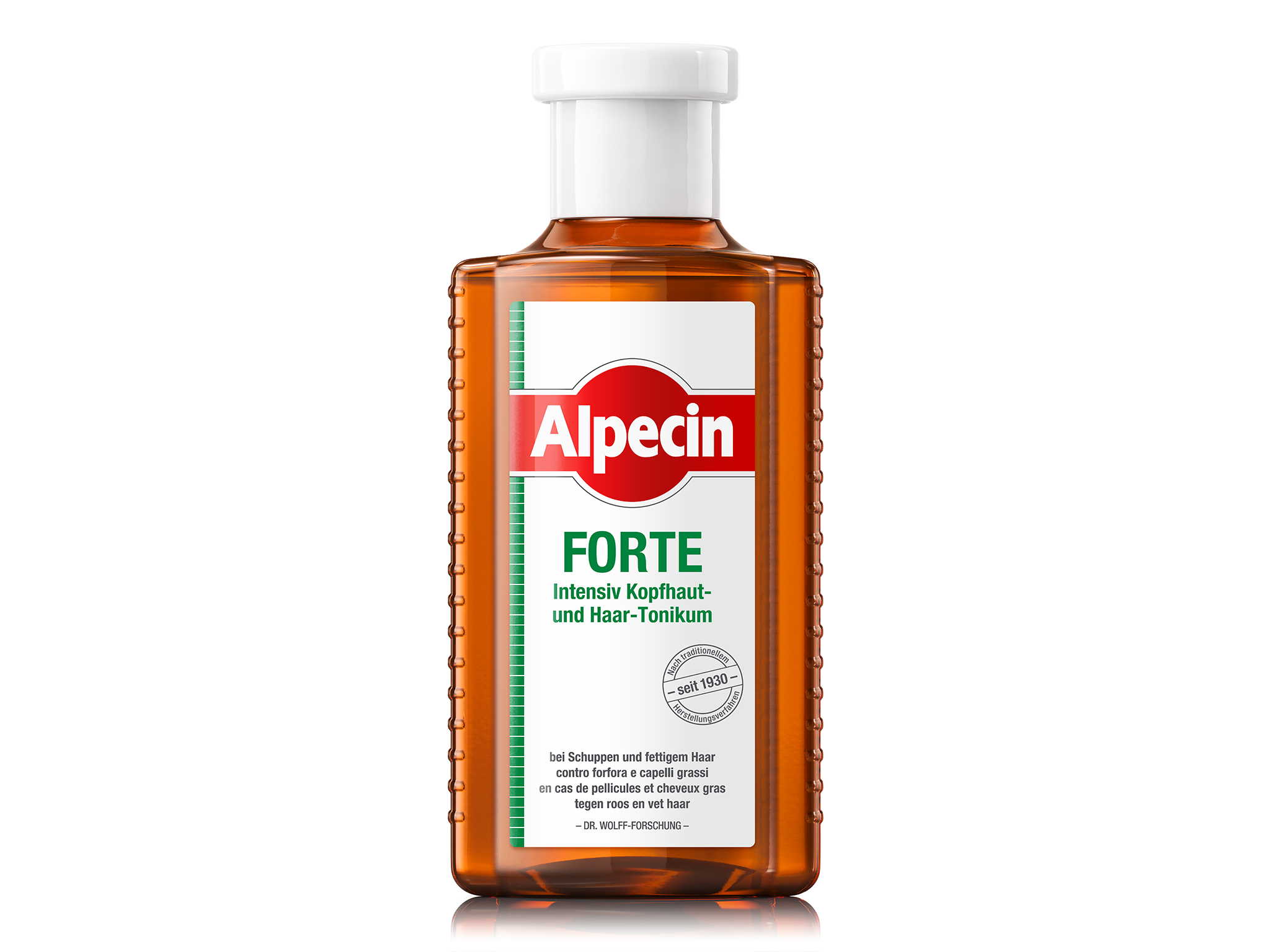 Alpecin Forte Intensiv Kopfhaut- und Haar-Tonikum, braune Flasche mit weißem Verschluss, bei Schuppen und fettigem Haar.