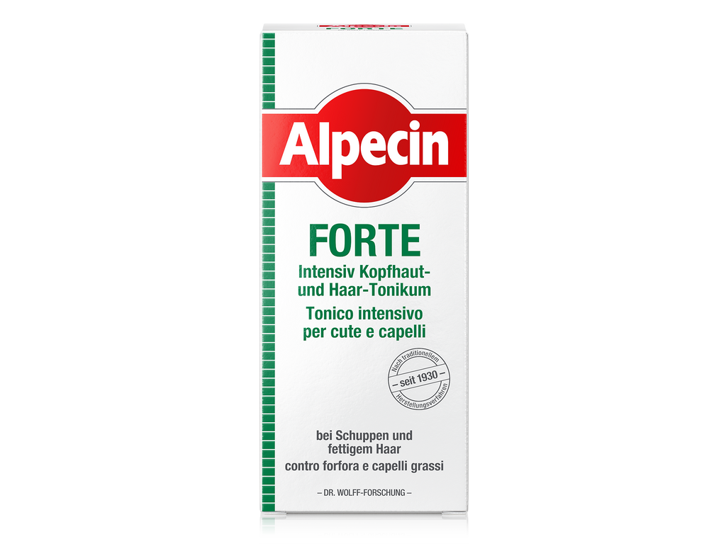 Faltschachtel von Alpecin Forte Intensiv Kopfhaut- und Haar-Tonikum, weiße Verpackung mit grünem Aufdruck für Schuppen und fettiges Haar.