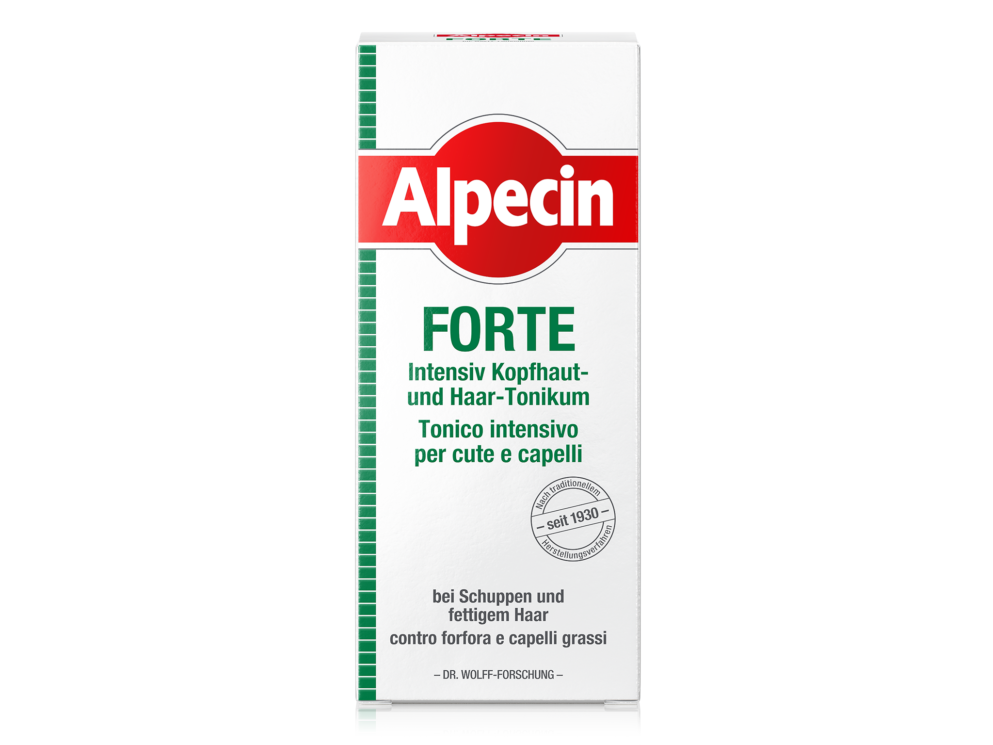 Faltschachtel von Alpecin Forte Intensiv Kopfhaut- und Haar-Tonikum, weiße Verpackung mit grünem Aufdruck für Schuppen und fettiges Haar.