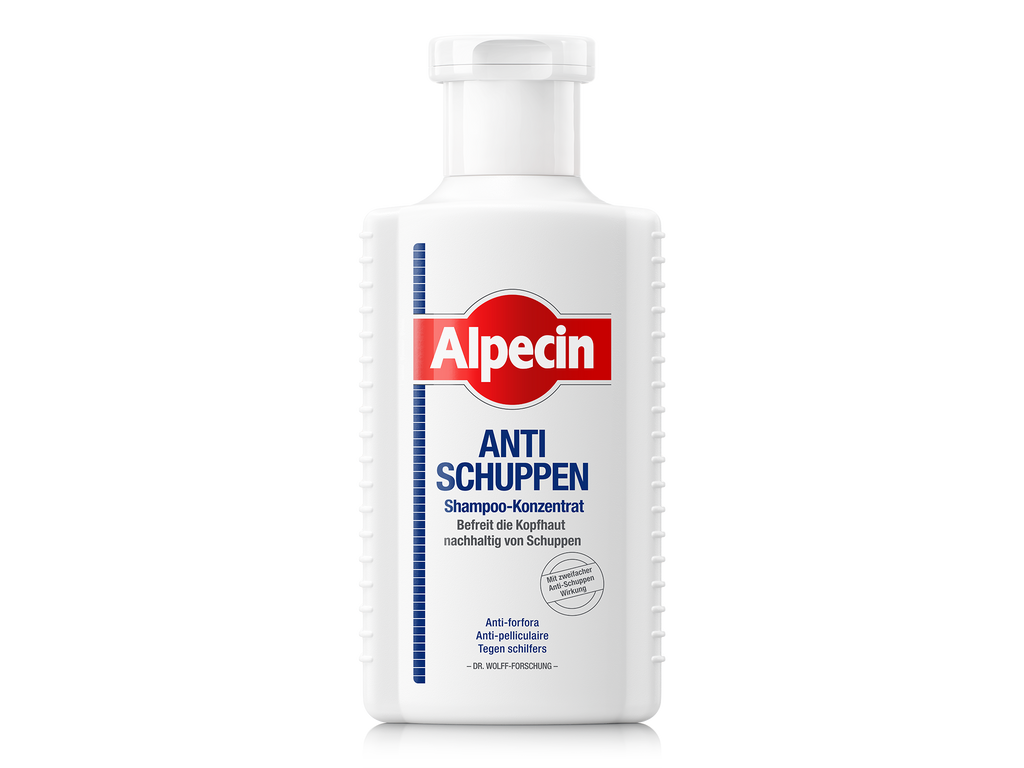 Alpecin Anti-Schuppen Shampoo-Konzentrat, weiße Flasche, befreit die Kopfhaut nachhaltig von Schuppen.