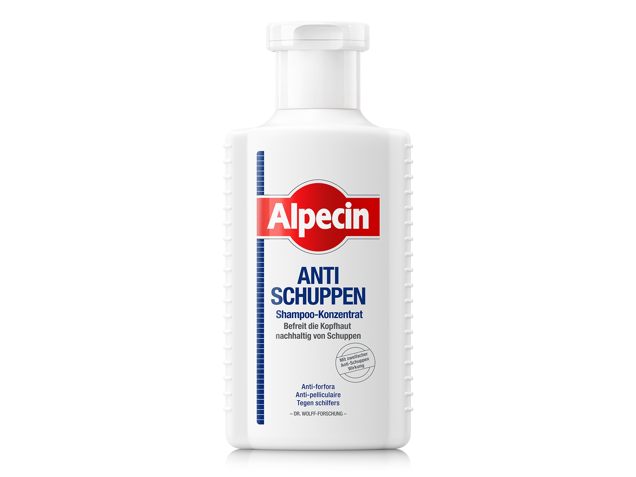 Alpecin Anti-Schuppen Shampoo-Konzentrat, weiße Flasche, befreit die Kopfhaut nachhaltig von Schuppen.