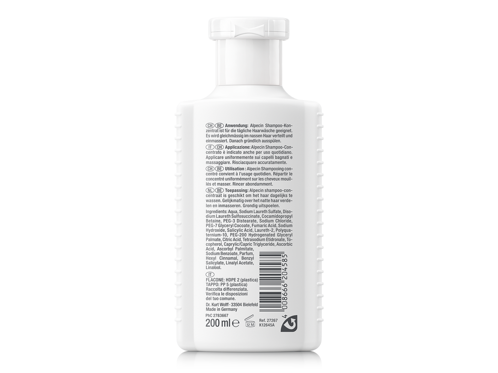 Rückseite von Alpecin Anti-Schuppen Shampoo-Konzentrat mit Anwendungshinweisen, mehrsprachigen Produktinformationen, Inhaltsstoffen und Barcode.