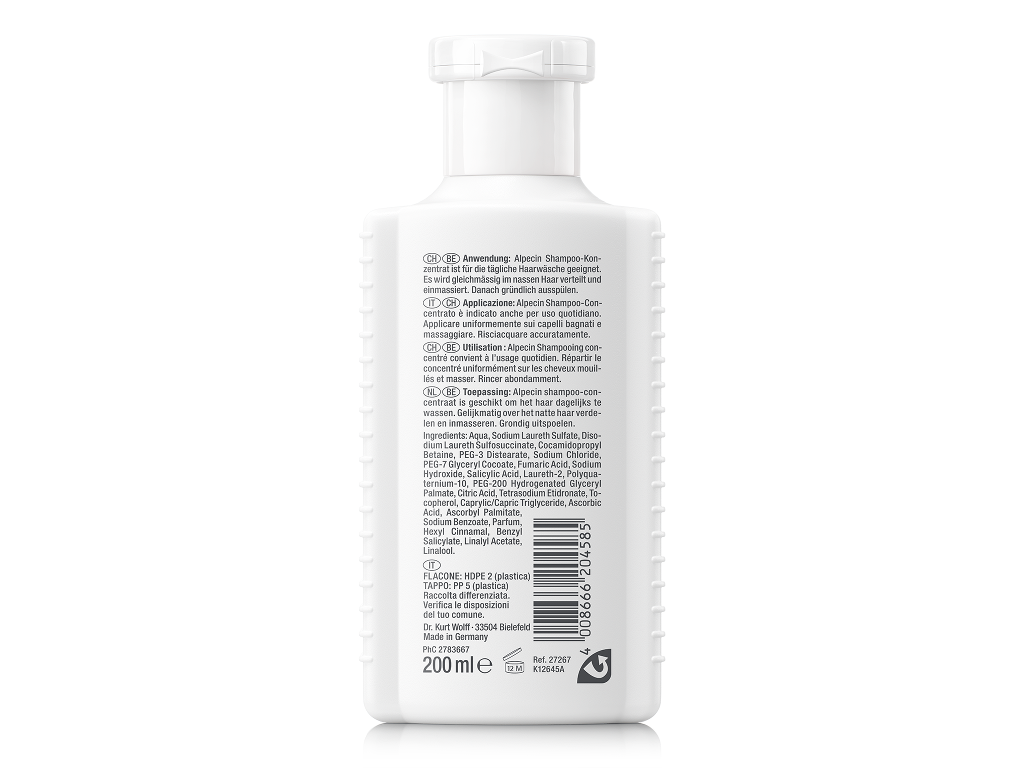 Rückseite von Alpecin Anti-Schuppen Shampoo-Konzentrat mit Anwendungshinweisen, mehrsprachigen Produktinformationen, Inhaltsstoffen und Barcode.