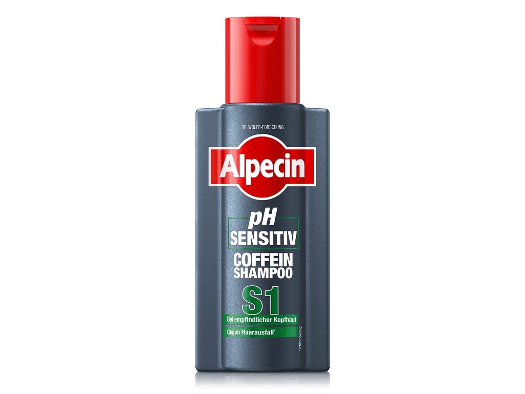 Alpecin pH Sensitiv Coffein Shampoo S1 in einer 250-ml-Flasche mit rotem Deckel. Entwickelt fŸr empfindliche Kopfhaut und gegen erblich bedingten Haarausfall. EnthŠlt Coffein-Wirkstoffkomplex.