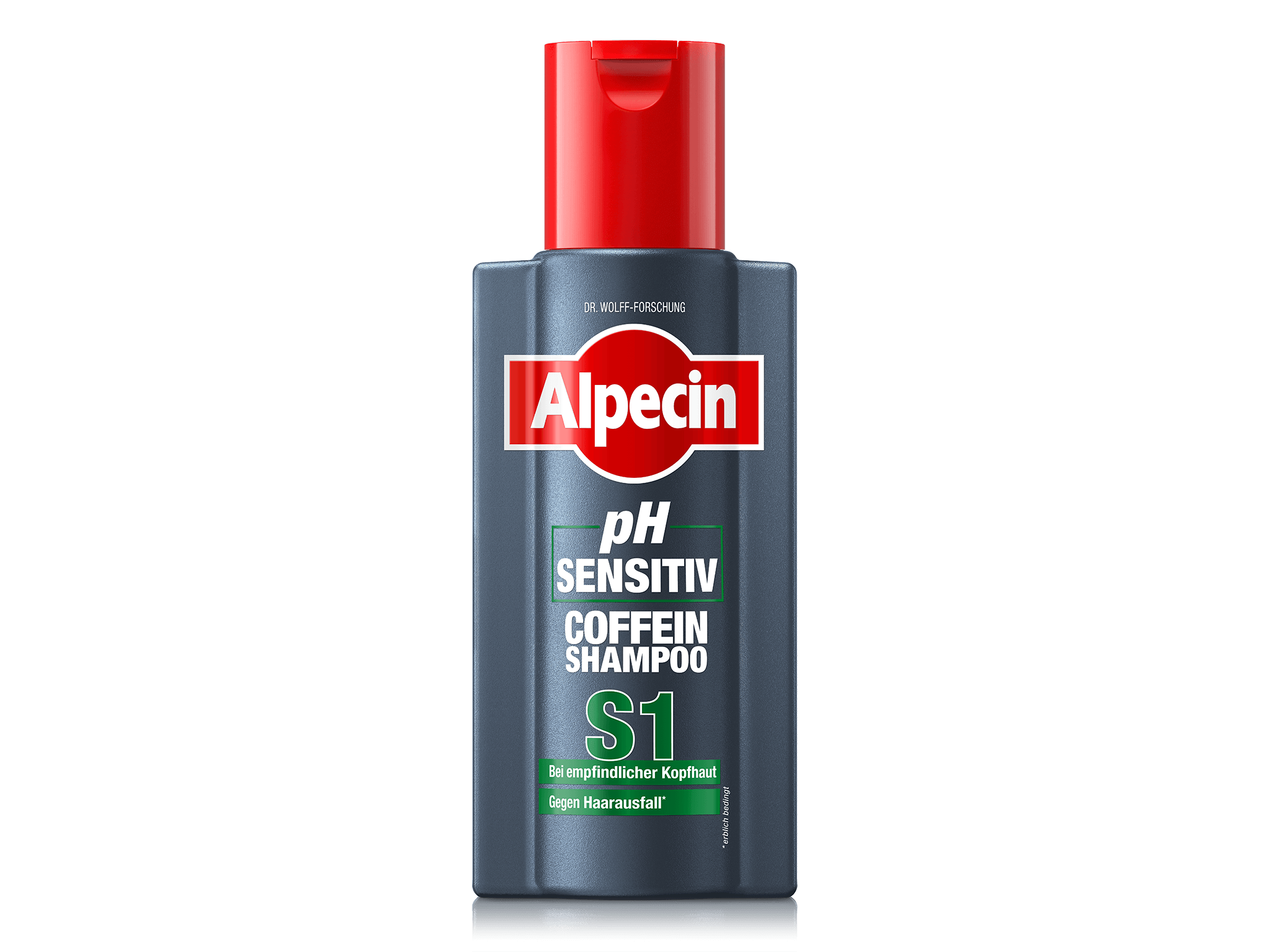 Alpecin pH Sensitiv Coffein Shampoo S1 in einer 250-ml-Flasche mit rotem Deckel. Entwickelt fŸr empfindliche Kopfhaut und gegen erblich bedingten Haarausfall. EnthŠlt Coffein-Wirkstoffkomplex.