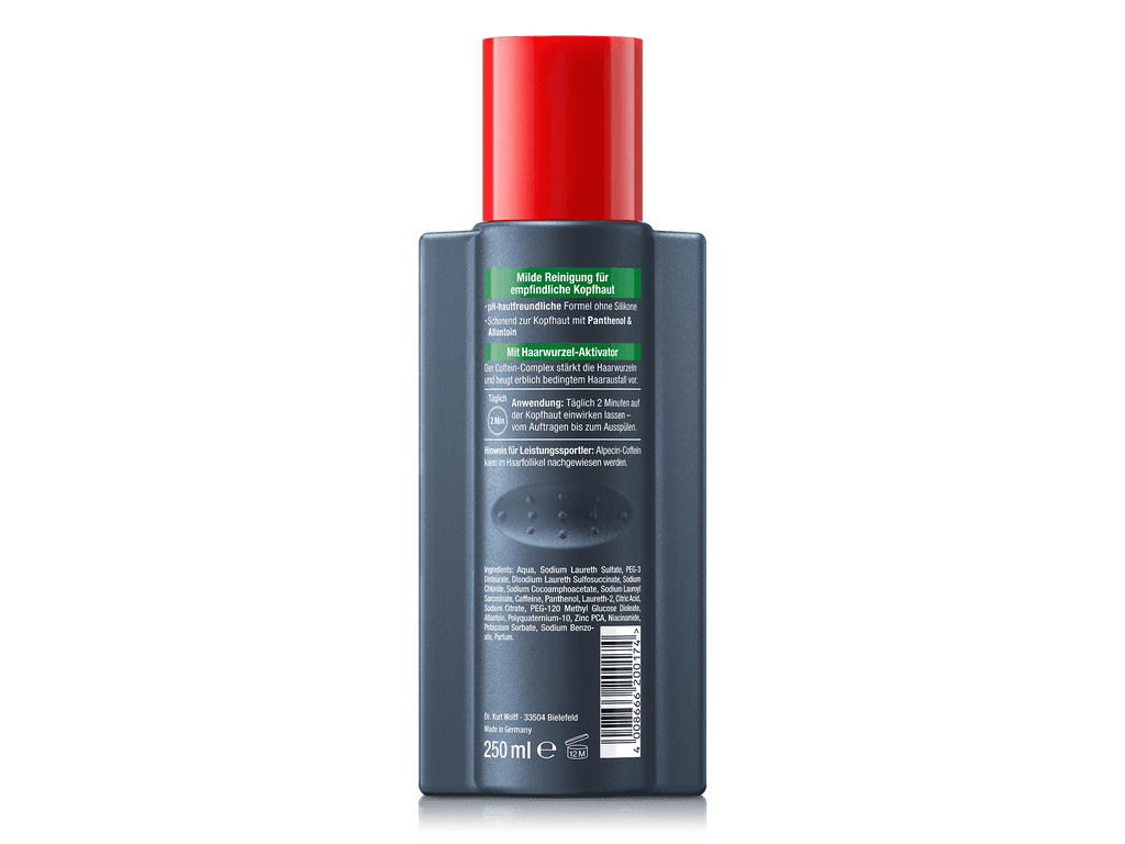Rückseite der Alpecin pH Sensitiv Coffein Shampoo S1 Flasche (250 ml). Beschreibt milde Reinigung für empfindliche Kopfhaut mit Panthenol & Allantoin, silikonfreie Formel und Coffein-Wirkstoffkomplex gegen Haarausfall. Anwendung: 2 Minuten Einwirkzeit.