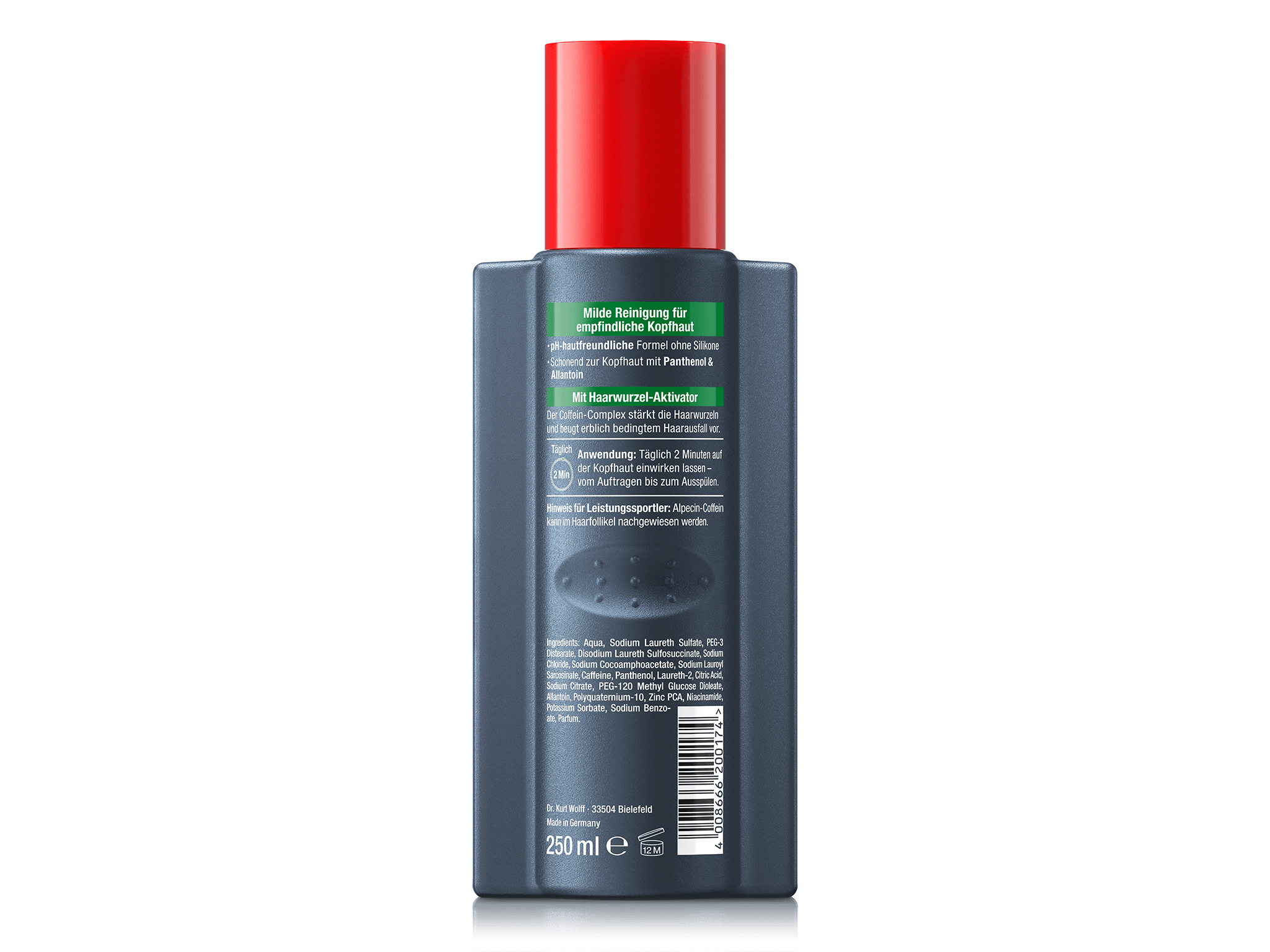 Rückseite der Alpecin pH Sensitiv Coffein Shampoo S1 Flasche (250 ml). Beschreibt milde Reinigung für empfindliche Kopfhaut mit Panthenol & Allantoin, silikonfreie Formel und Coffein-Wirkstoffkomplex gegen Haarausfall. Anwendung: 2 Minuten Einwirkzeit.