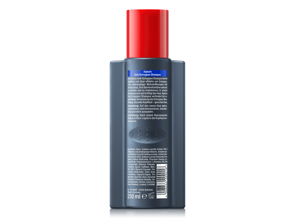 Rückseite der Alpecin A3 Anti-Schuppen Shampoo-Flasche mit rotem Deckel. Enthält Beschreibung der schuppenlösenden Wirkung und Anleitung zur Anwendung. Liste der Inhaltsstoffe und Barcode am unteren Teil der Flasche.