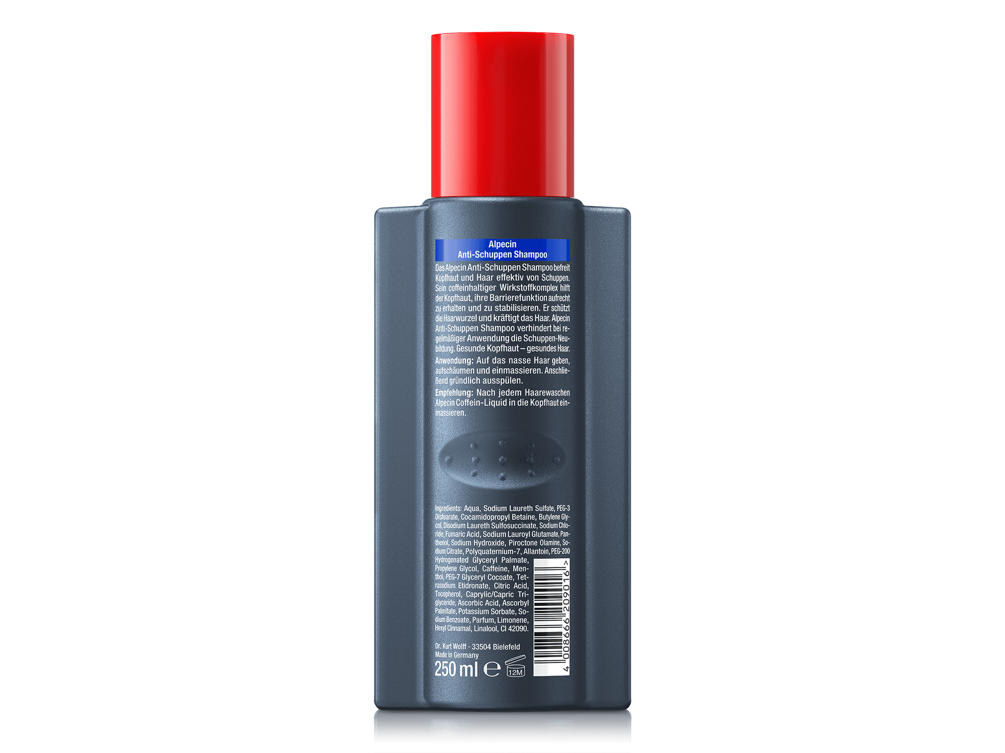 Rückseite der Alpecin A3 Anti-Schuppen Shampoo-Flasche mit rotem Deckel. Enthält Beschreibung der schuppenlösenden Wirkung und Anleitung zur Anwendung. Liste der Inhaltsstoffe und Barcode am unteren Teil der Flasche.