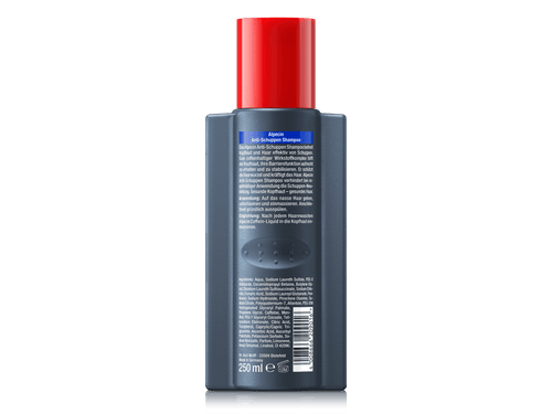 Rückseite der Alpecin A3 Anti-Schuppen Shampoo-Flasche mit rotem Deckel. Enthält Beschreibung der schuppenlösenden Wirkung und Anleitung zur Anwendung. Liste der Inhaltsstoffe und Barcode am unteren Teil der Flasche.