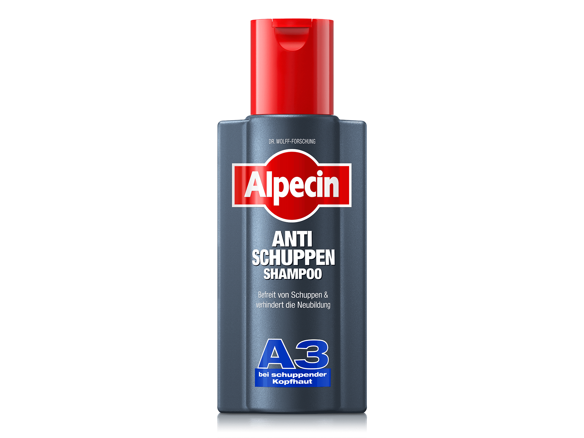 Vorderseite der Alpecin A3 Anti-Schuppen Shampoo-Flasche mit rotem Deckel. Dunkelblaues Design mit weißem Alpecin-Logo, darunter Anti Schuppen Shampoo und Hinweis auf schuppenfreie Kopfhaut.