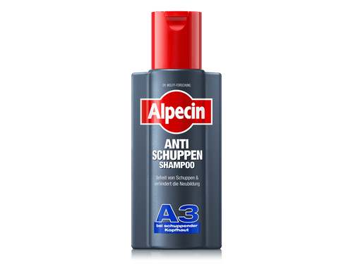 Vorderseite der Alpecin A3 Anti-Schuppen Shampoo-Flasche mit rotem Deckel. Dunkelblaues Design mit weißem Alpecin-Logo, darunter Anti Schuppen Shampoo und Hinweis auf schuppenfreie Kopfhaut.
