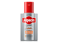 Vorderseite der Alpecin Tuning Shampoo Flasche mit rotem Verschluss. Silbergraues Design mit rotem Alpecin-Logo, darunter Tuning Shampoo und Das schwarze Coffein-Shampoo. Orangefarbene Pfeile mit Hinweisen Hält dunkle Haare dunkel und Stimuliert die Haarwurzel.
