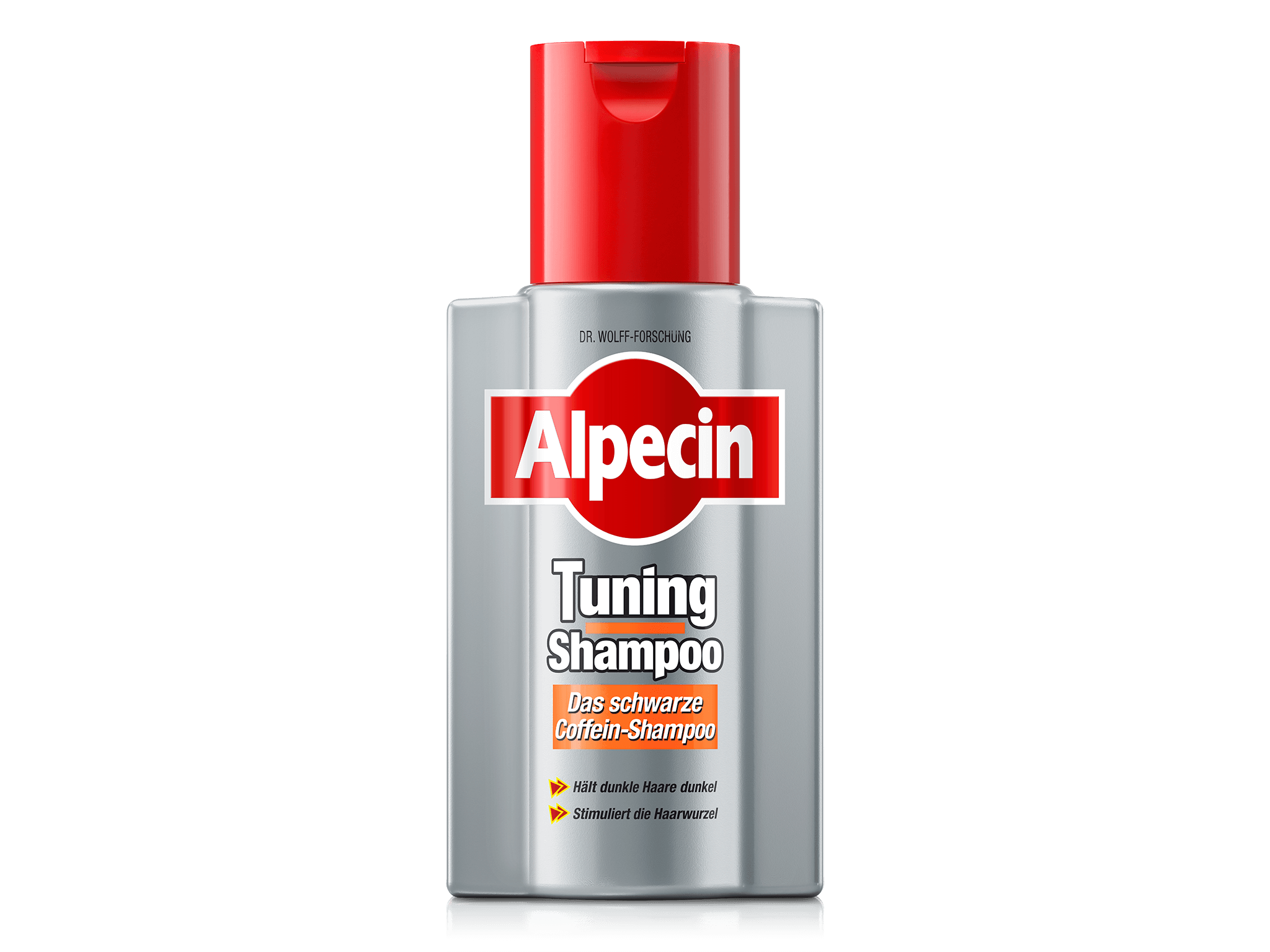 Vorderseite der Alpecin Tuning Shampoo Flasche mit rotem Verschluss. Silbergraues Design mit rotem Alpecin-Logo, darunter Tuning Shampoo und Das schwarze Coffein-Shampoo. Orangefarbene Pfeile mit Hinweisen Hält dunkle Haare dunkel und Stimuliert die Haarwurzel.
