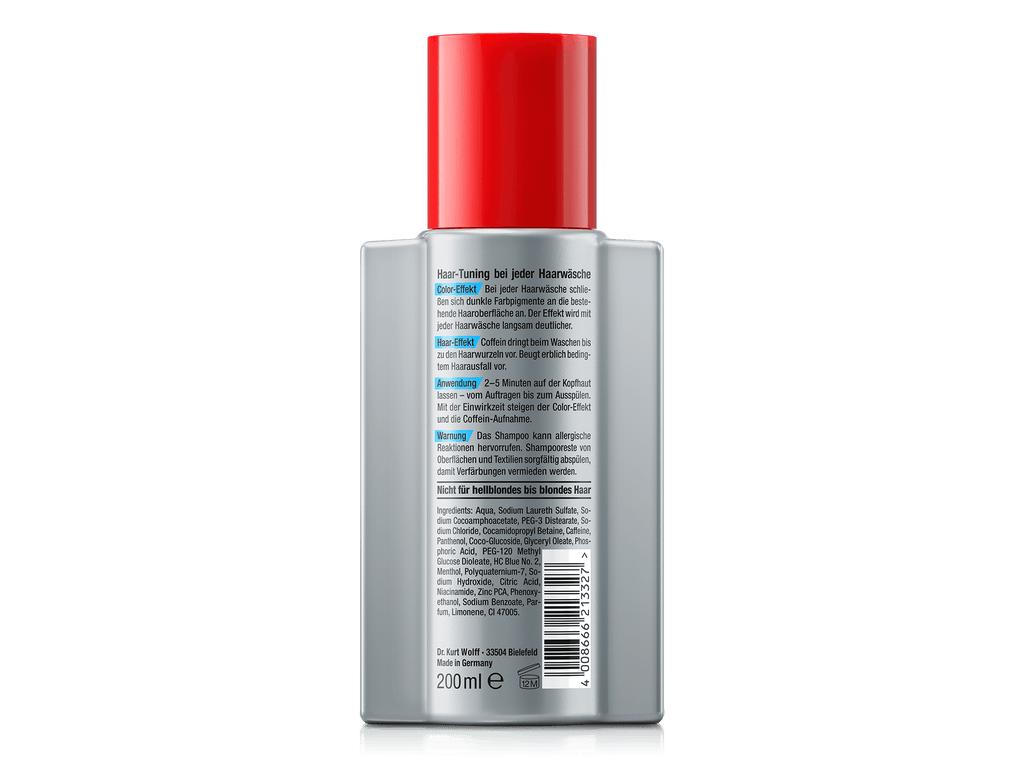 Rückseite der Alpecin Tuning Shampoo Flasche mit rotem Verschluss. Etikett mit Haar-Tuning bei jeder Haarwäsche und Beschreibung des Color-Effekts für dunklere Haare. Anwendungshinweise und Warnung vor allergischen Reaktionen. Inhaltsstoffe und Hersteller Dr. Kurt Wolff am unteren Rand.  