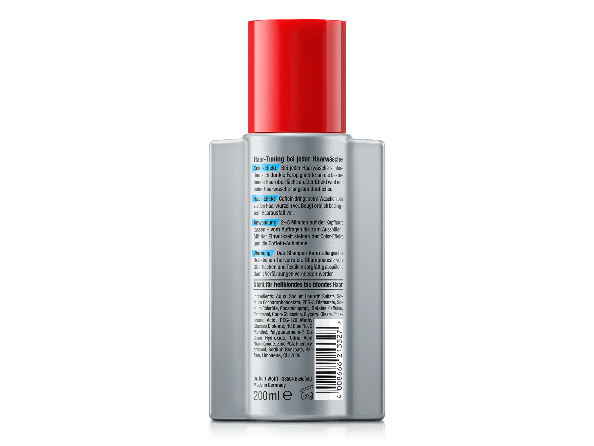 Rückseite der Alpecin Tuning Shampoo Flasche mit rotem Verschluss. Etikett mit Haar-Tuning bei jeder Haarwäsche und Beschreibung des Color-Effekts für dunklere Haare. Anwendungshinweise und Warnung vor allergischen Reaktionen. Inhaltsstoffe und Hersteller Dr. Kurt Wolff am unteren Rand.  