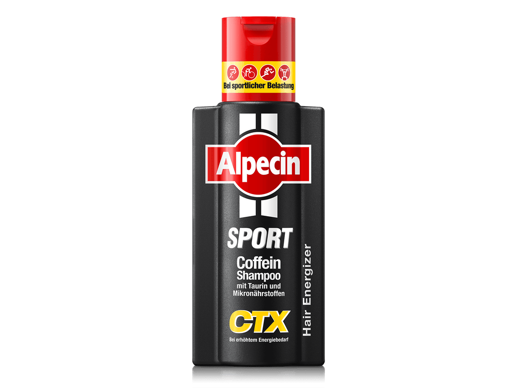 Alpecin Sport Coffein Shampoo in schwarzer Flasche mit rotem Deckel. Entwickelt mit Taurin und Mikronährstoffen für erhöhten Energiebedarf.